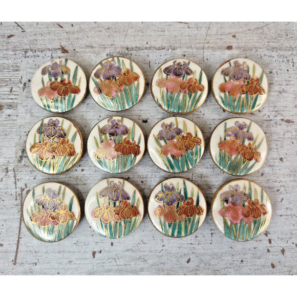 Lot 12 Vintage Satsuma Porcelain Buttons Iris Flower Floral Gold Detail Japan 1" - Picture 1 of 8
